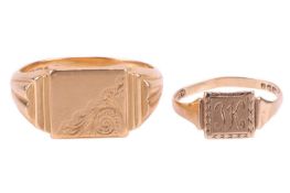Two yellow gold signet rings, the first comprising a rectangular head with scrolling detail, leading