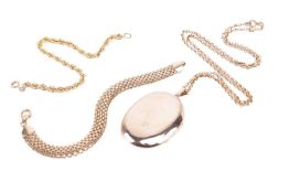 A small collection of jewellery comprising two bracelets and a locket; the oval locket measuring 58 