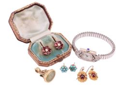 A mixed collection of jewellery including a pair of 1950s 9ct gold garnet and seed pearl floral earr