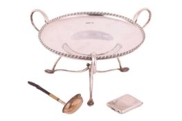 A silver tazza raised on a tripod base, by Lee and Wigfill Sheffield 1898, with a silver and horn ha