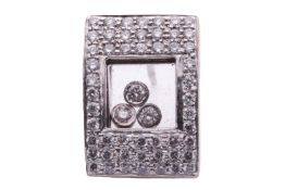 A single diamond set earring featuring pave set round brilliant cut diamonds with a square central w