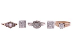 A collection of mixed jewellery items comprising a diamond-set cluster ring with princess and round 