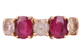 A ruby and white sapphire five stone half hoop ring; the oval cut rubies and circular cut sapphires 