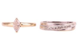A diamond-set ring in 9ct white gold, and another; dress ring of crossover design, embellished with 