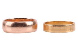 Two gold wedding bands, the first a 4.7mm flat shaped band in 18ct yellow gold, hallmarked London, 1
