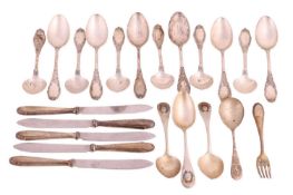 Collection of continental silver flatware, including a set of twelve tablespoons, possibly Belgium, 