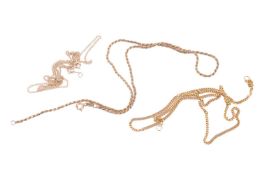 A 9 carat gold rope twist chain, a 9 carat gold flattened curb pattern chain and an unmarked curb pa