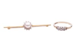 A pearl and diamond floral bar brooch, the 6.3mm cultured pearl surrounded by twelve round brilliant