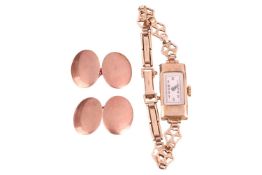 A pair of rose gold cufflinks with hallmarks for 9ct gold, and a lady's wristwatch with hallmarks fo