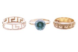 Three rings comprising a blue zircon solitaire ring in a white metal head to a yellow metal shank st