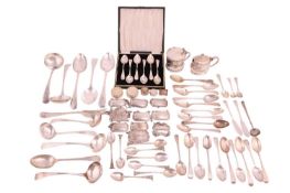 A mixed collection of silver comprising a set of six silver decanter labels, another two for 