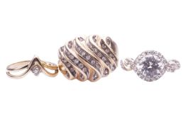 A bombé style ring, each curved panel set with single cut diamonds, in a yellow metal mount tested a