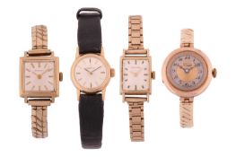 A collection of four lady's dress watches, featuring an Omega hand-wound lady's watch in 9ct yellow 