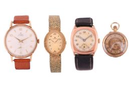 A collection of four watches comprising an 18ct yellow gold open face keyless small pocket watch, th