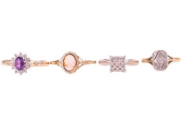 Four gem-set rings; comprising a shell cameo portrait ring in 9ct yellow gold, size U; an Art Deco s