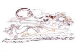 A collection of mixed jewellery, all stamped '925'; comprising twenty-three rings, six bangles or cu