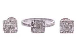 A pair of diamond cluster earrings and ring suite, featuring baguette cut diamonds and round brillia