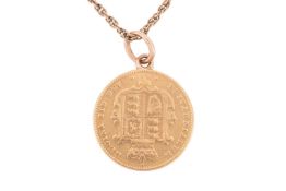 A Victorian half sovereign pendant on chain, dated 1842, soldered to a loop bail and suspended from 
