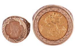 A half sovereign set ring, together with a smaller coin set ring. The half sovereign ring is dated 1