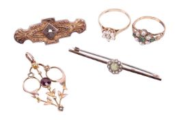 A collection of jewellery, including a mid-Victorian emerald and pearl cluster ring, featuring a cen