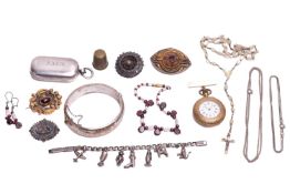 A collection of Victorian and later jewellery, including a gold plated pocket watch, an engraved sil