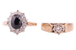 Two gem-set rings in 9ct gold; the first solitaire ring comprises a round brilliant-cut diamond in i