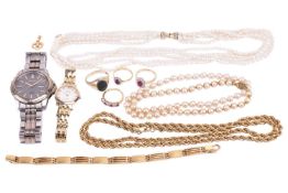 A collection of mixed jewellery items including three ruby and diamond rings, all tested as 18ct gol