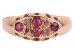 A Victorian ruby and diamond ring, the navette-shaped headset with four round rubies and four rose c