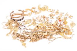 A collection of gold-plated costume jewellery comprising twenty-two rings, seven pairs of earrings, 