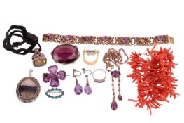A collection of costume jewellery including an oval Blue John silver pendant, a pair of amethyst scr