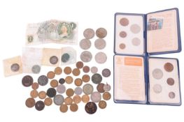 A mixed collection of coins including a William IV one shilling coin, 1834; a Victorian one shilling
