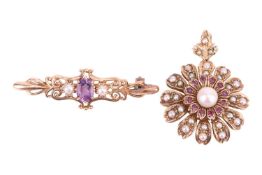 A pearl and ruby daisy pendant and a bar brooch; the floral pendant in 9ct yellow gold, centred with
