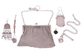 A mixed collection of items comprising a silver Albert chain with attached silver quatrefoil pendant