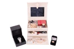 A collection of jewellery and costume jewellery, the jewellery including a gem-set ring set with a s