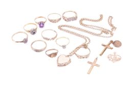 A collection of mixed jewellery items including eight 9ct gold rings; one illusion set diamond solit