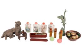 A cased set of four Chinese crystal snuff flasks, internally painted with landscapes, three boxed Ch
