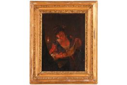 19th Century Continental School, Lady reading by candlelight, unsigned, oil on panel, 22.5 x 17 cm, 