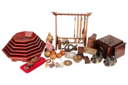 A small collection of Chinese and Eastern items including a set of six red lacquered graduated octag