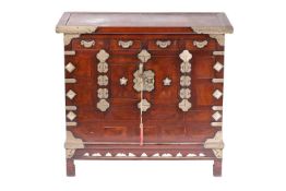 A Korean brass banded elm and stained pine Morijang cabinet with four short drawers over a pair of c