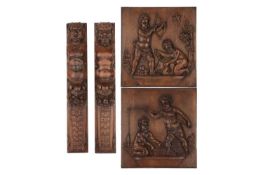 A pair of decorative 19th-century carved walnut square panels, each with figures of amorini fishing 