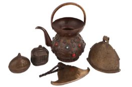 A Burmese Kyeezee (spinning gong) 15 cm wide, together with a Tibetan copper kettle set with skull a