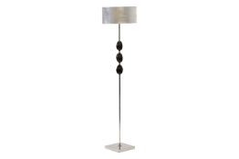 A contemporary designer chrome-plated floor lamp with three bead decoration and foiled drum shade, 1