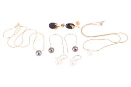A pair of gem-set berry earrings, together with two sets of cultured pearl necklace and earrings en-