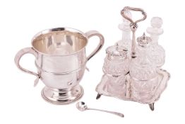 A late Victorian silver double-handled cup, in 18th century style, with reeded band to belly and twi