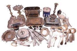 A large quantity of silver plate, including a pair of candlesticks, three entree dishes, a wine coas