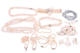 A small collection of pearl jewellery including a Biwa pearl and tourmaline necklace; a three-strand