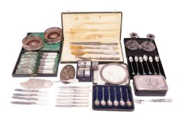 A collection of silver flatware including a set of six modern Liberty sundae spoons with peacock ena