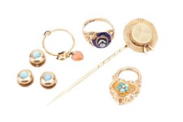 A collection of jewellery items comprising a William IV 18ct yellow gold enamel ring with a central 