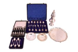 A silver sugar caster hallmarked Birmingham, 1923 and a silver salver hallmarked London, 1925; toget