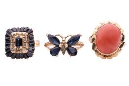 A sapphire butterfly ring, claw-set in a 9ct yellow gold mount, size N1/2, together with a coral cab